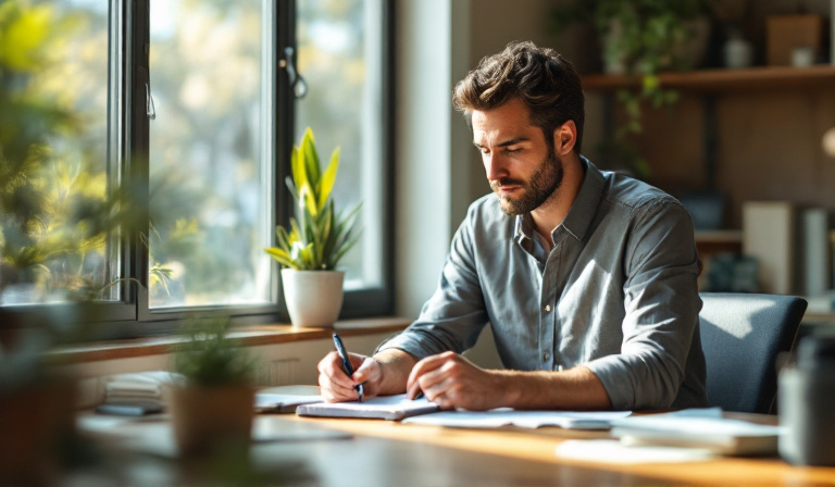 A Christian small business owner thoughtfully planning at a desk in warm light, building the seven Kingdom business pillars in practice