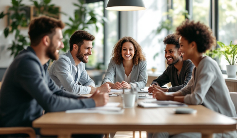 A united, healthy small business team collaborating with purpose and trust in a bright workplace