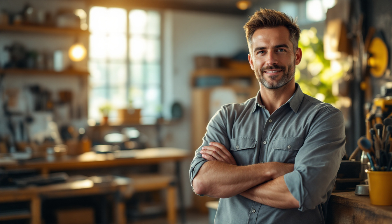 A relaxed small business owner in an organised workshop office, confident and unhurried about compliance