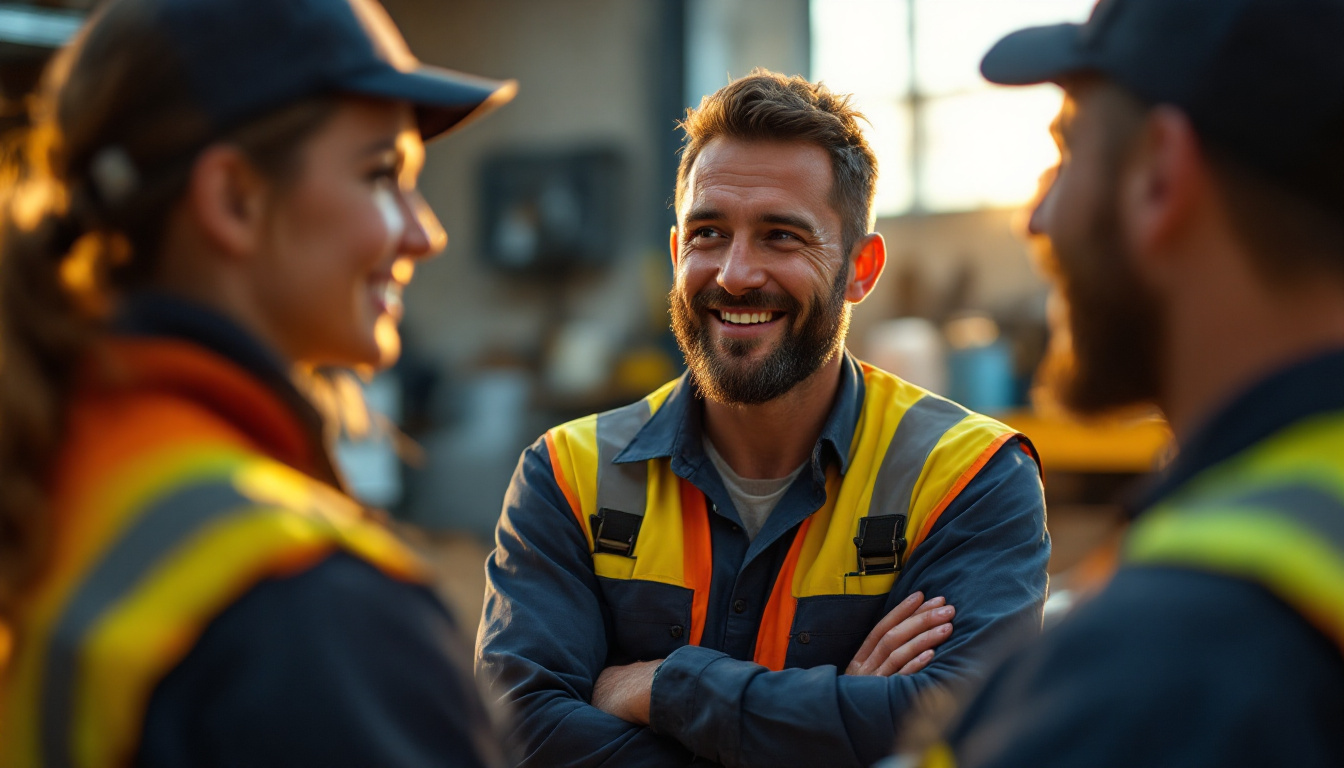 A small business owner talking with two hi-vis workshop team members, the people behind BAS super obligations small business owners must pay on time