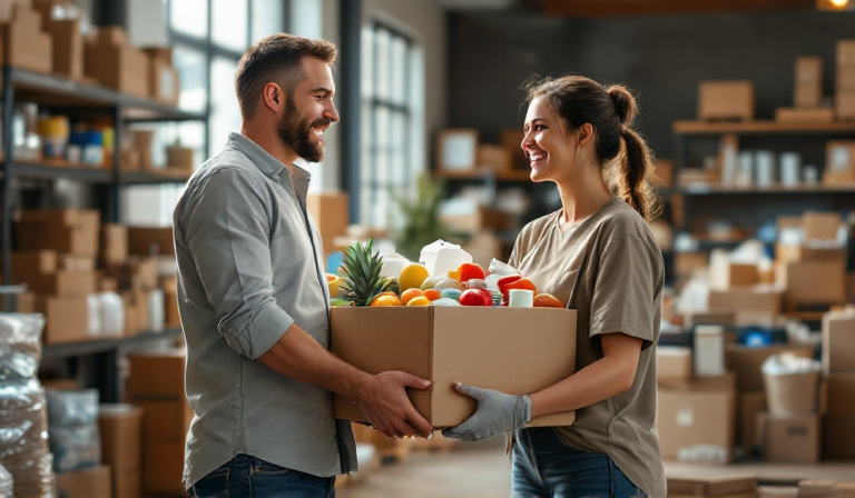 A generous small business owner handing a box of donated goods to a community volunteer, reflecting giving and generosity