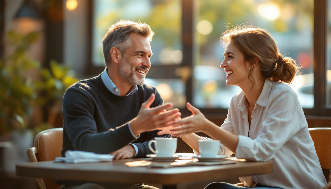 Two business owners talking over coffee, illustrating the business coach vs mentor relationship