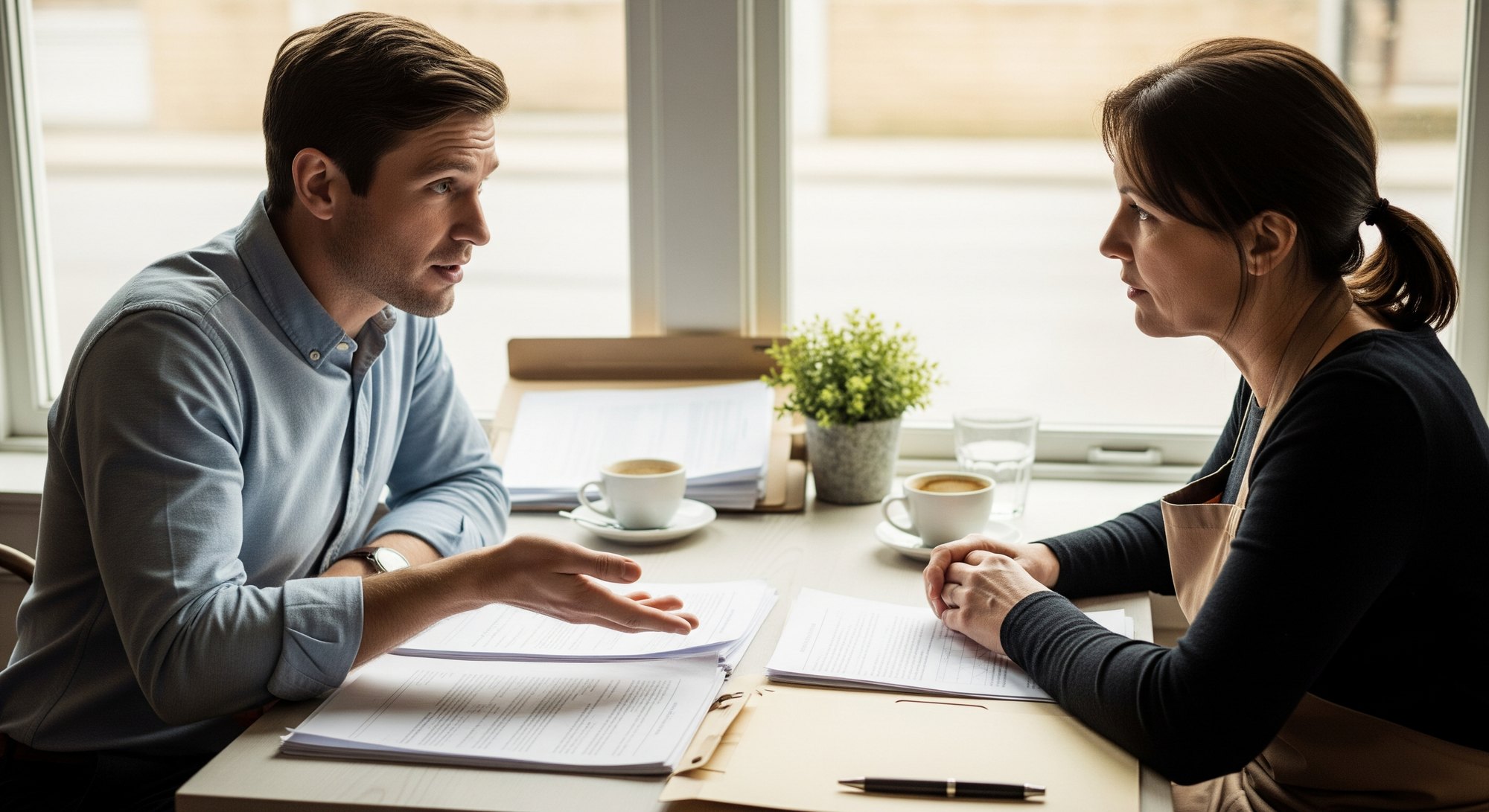 A small business owner reviewing business insurance cover with a broker in Australia