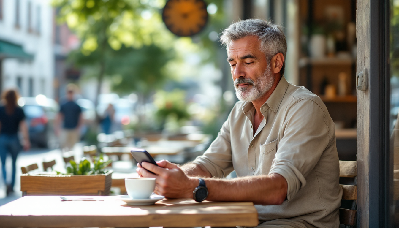A relaxed small business owner enjoying a coffee outside a cafe on a weekday morning