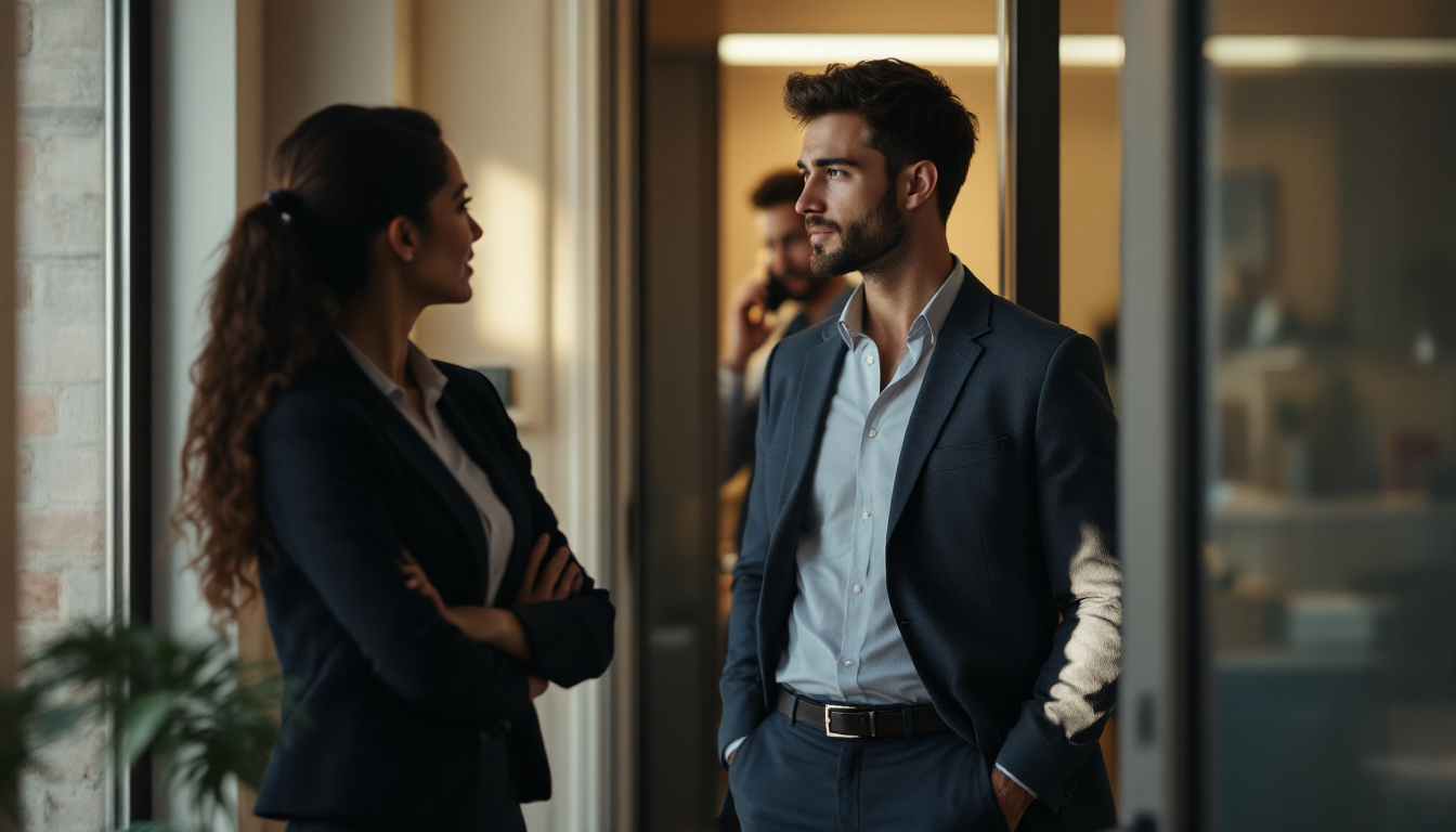 Two staff members waiting near a doorway for their overwhelmed manager, a sign of the business owner bottleneck