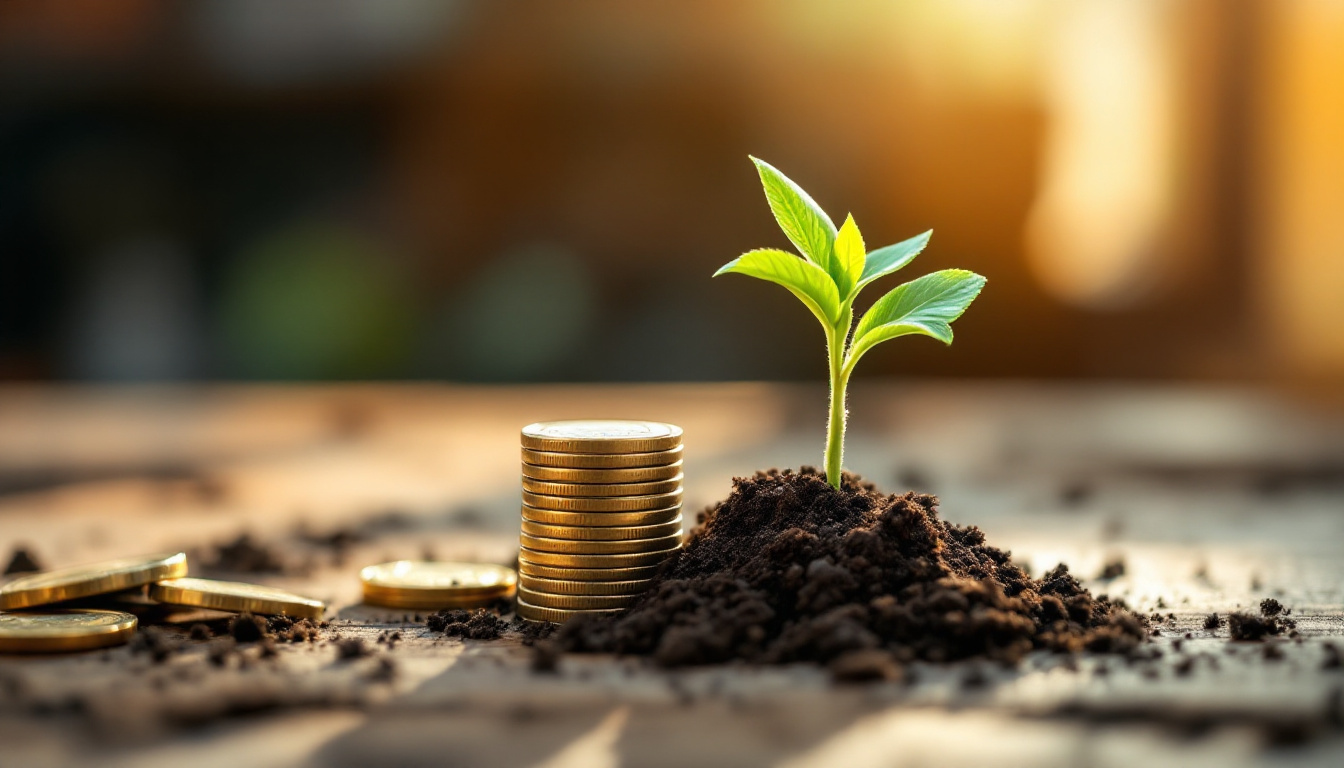 Coins and a growing plant on a workshop bench, illustrating how a cash reserve small business owners build grows over time
