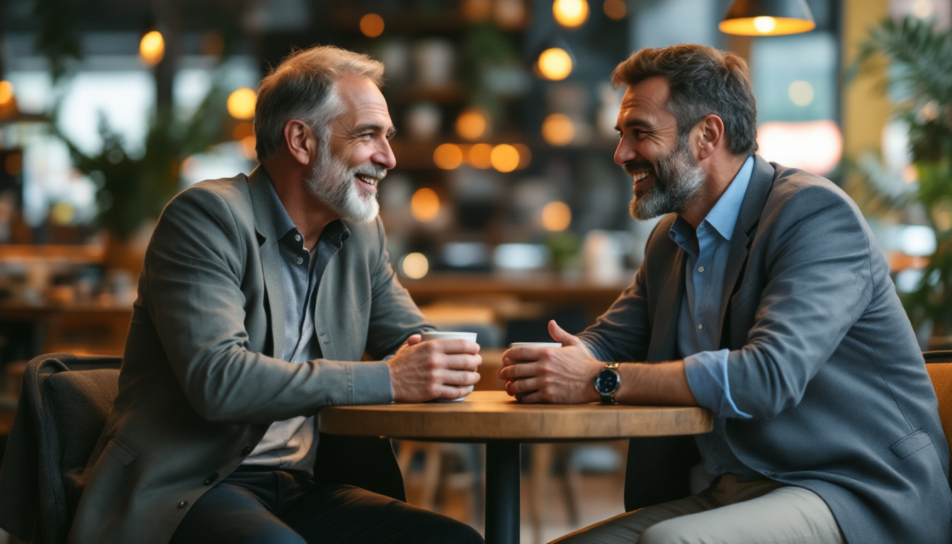 A small business owner talking openly with a mentor over coffee, support is key to recovering from business owner burnout