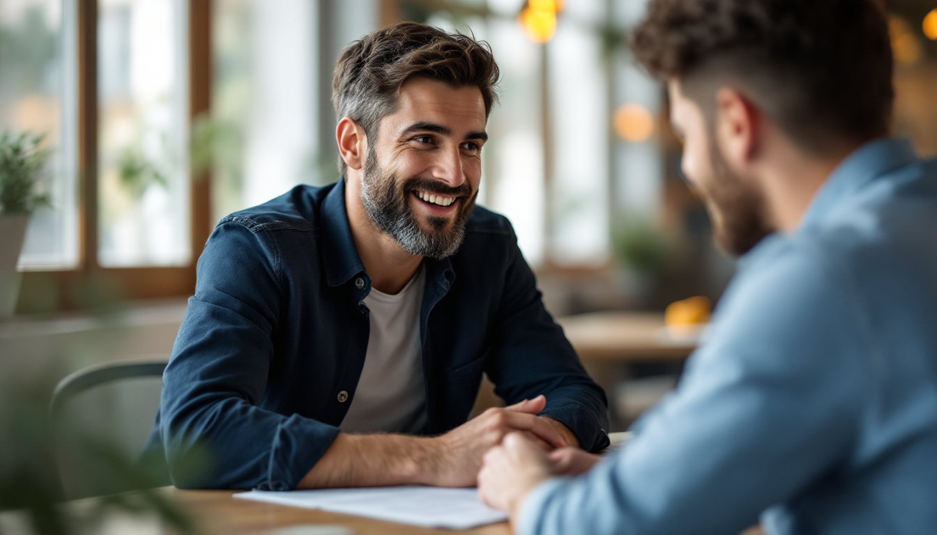 A business owner explaining pricing clearly and warmly to a client, honest, ethical marketing for a Christian business