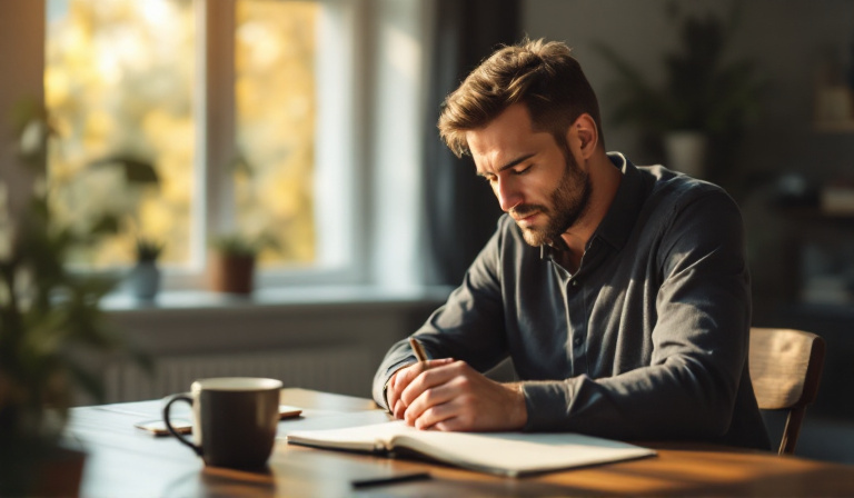 A Christian business owner in quiet prayer and reflection at the start of the day, hearing God's voice for business direction