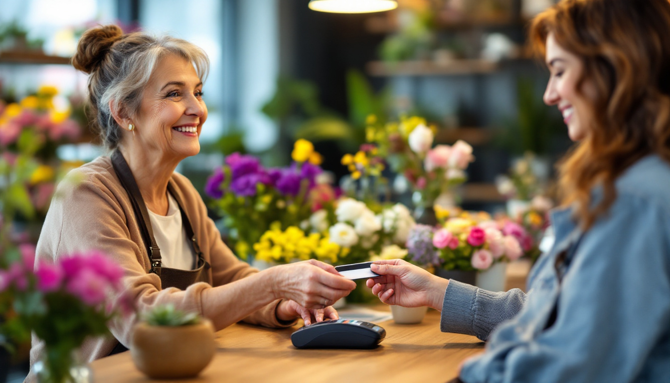 A customer paying a small business owner at the counter, making it easy to pay helps get invoices paid faster