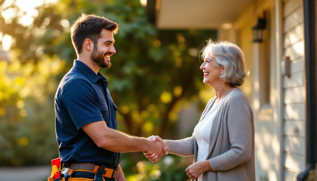 A tradesperson politely asking a satisfied customer how to get more Google reviews at the end of a job