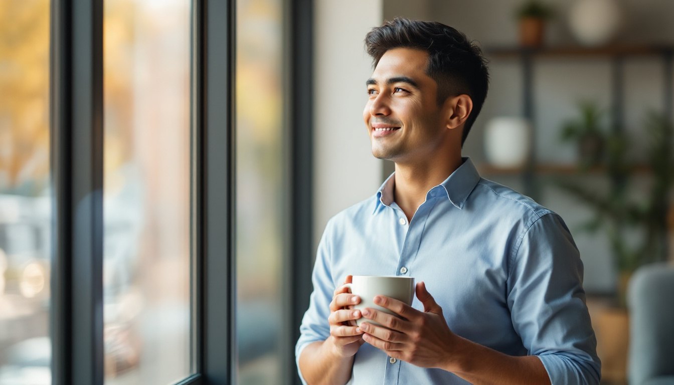 A business owner pausing calmly with a coffee before deciding how to respond to negative reviews