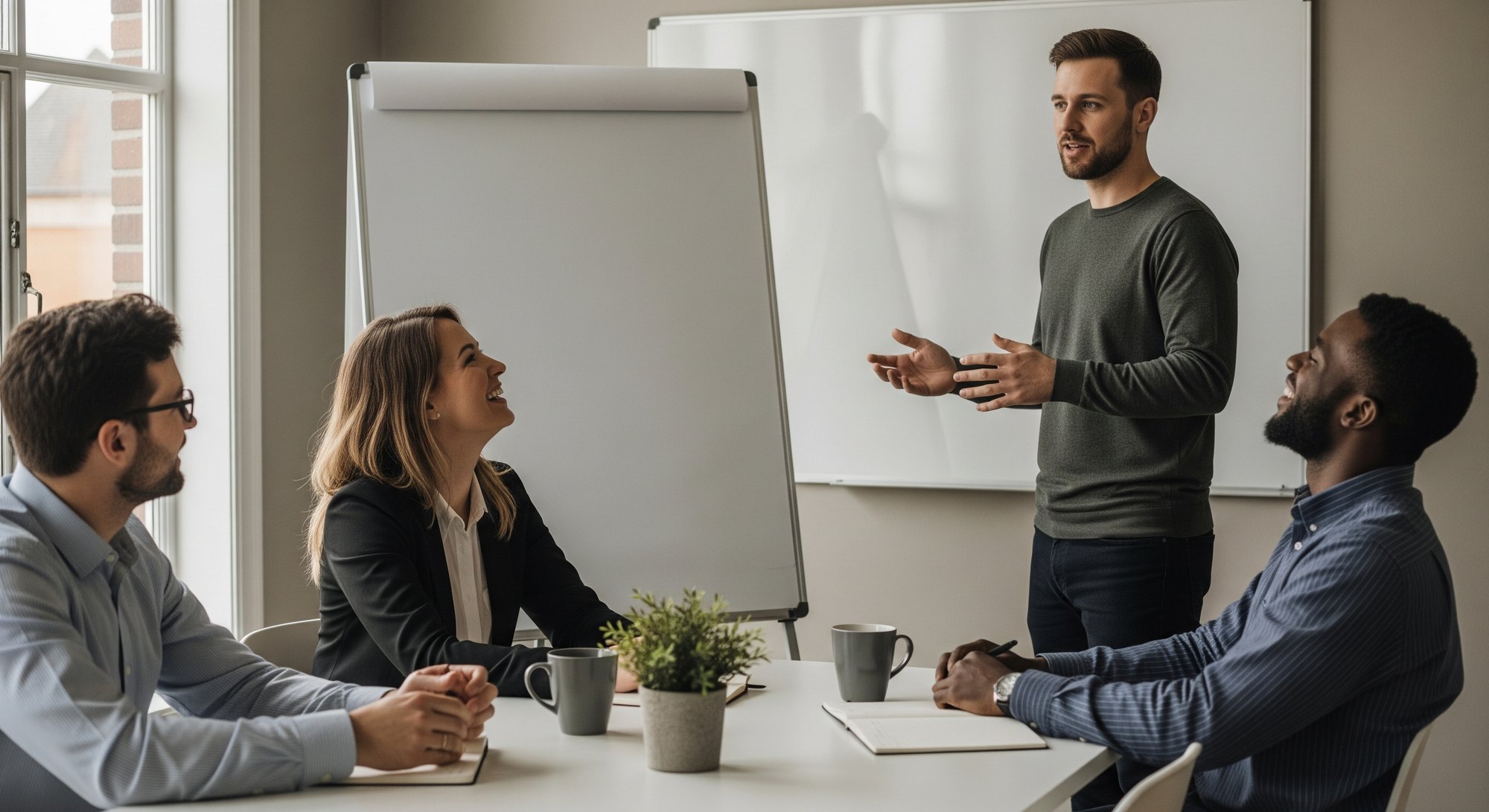 A leader facilitating a productive team meeting where everyone is engaged