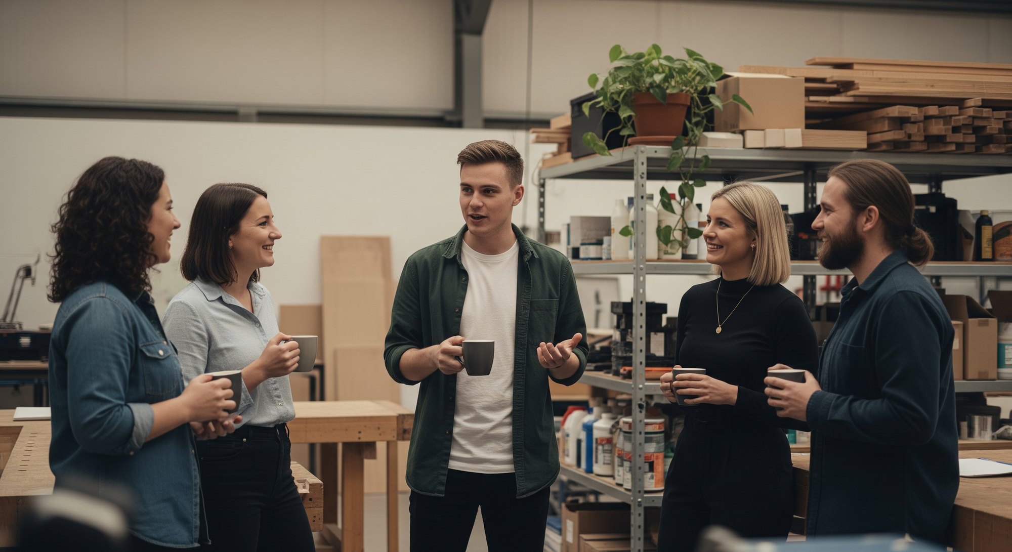 A small business team in a short, focused stand-up, an example of how to run effective team meetings