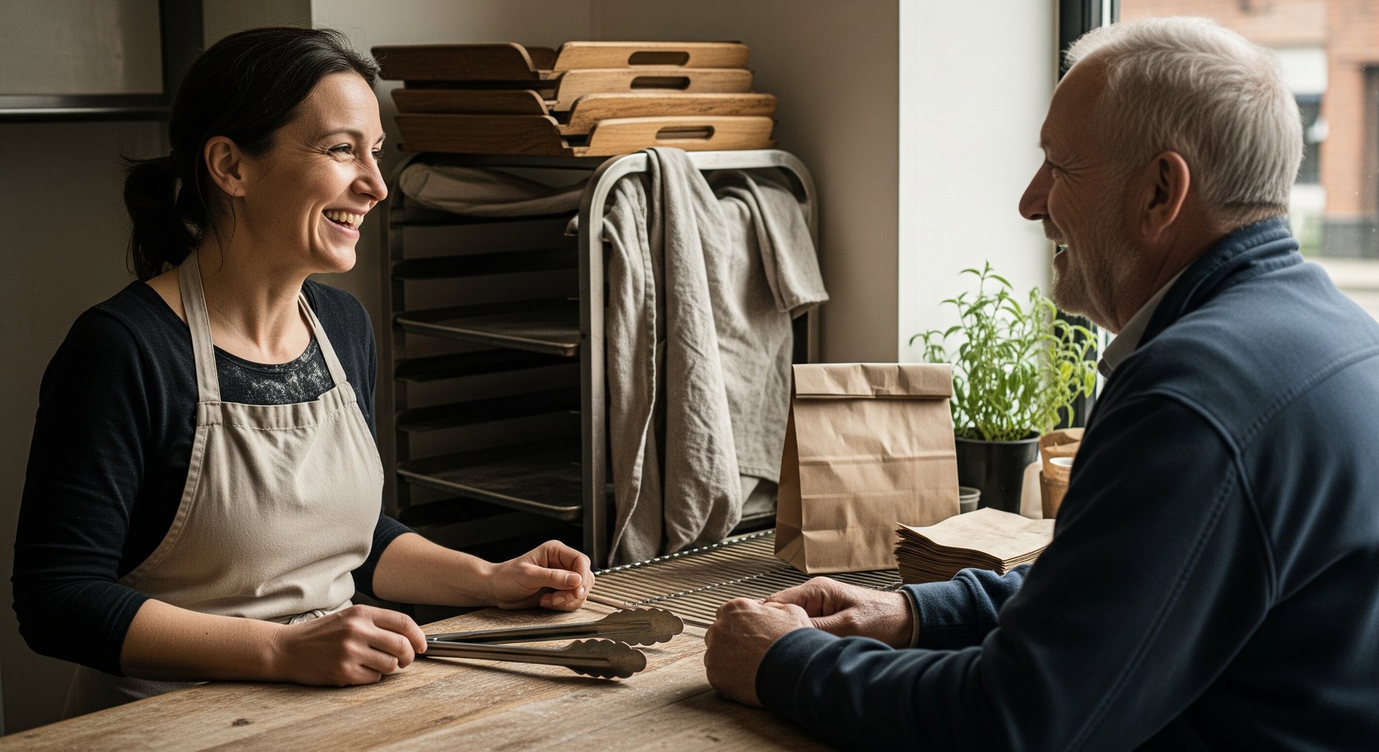 A business owner in warm conversation with a customer, the human relationships AI can't replace