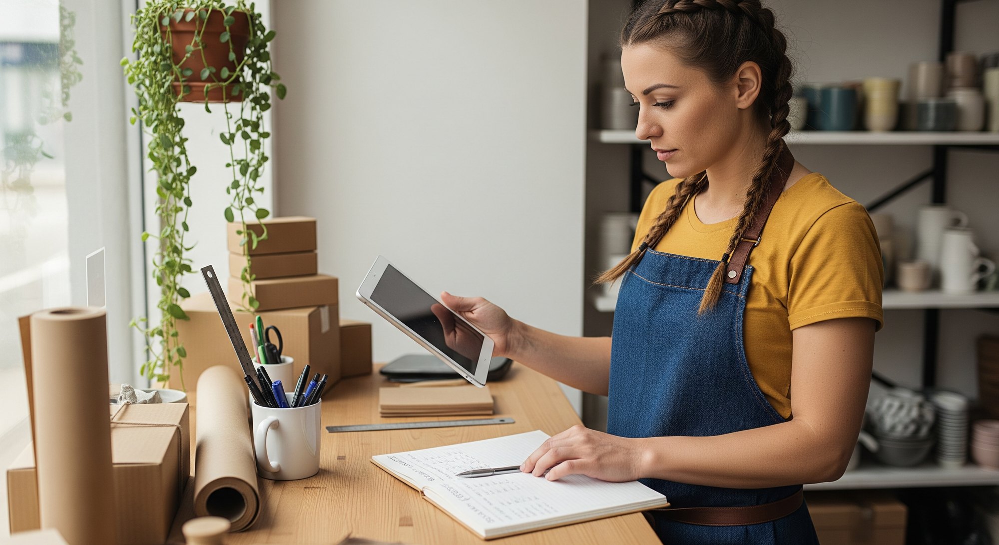 A small business owner using an AI tool on a tablet, a practical example of how to use AI in small business Australia