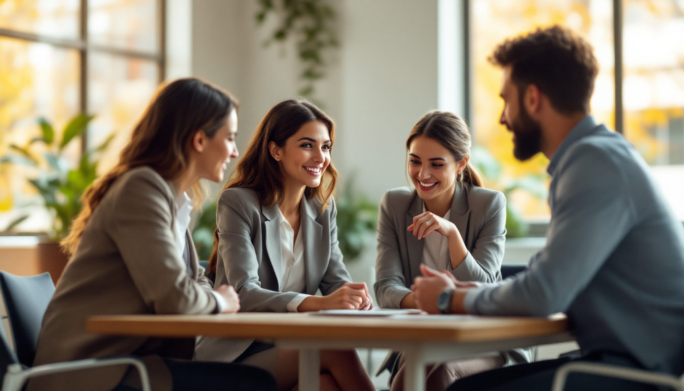 A small business owner and team discussing their purpose and direction together in a bright office
