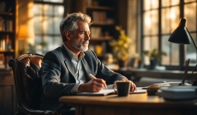 A Melbourne business owner reviewing the past year in quiet reflection with a notebook, prophetic business planning for 2026