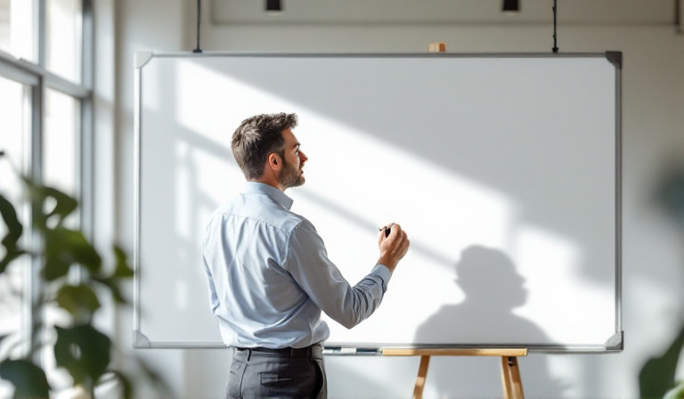 A Melbourne business owner mapping out the year ahead on a wall planner with calm confidence, natural light
