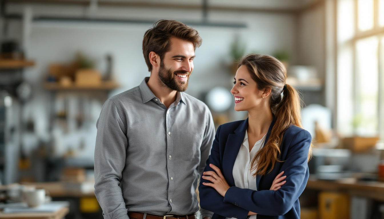 Two happy colleagues collaborating warmly at work, the culture that helps reduce staff turnover small business owners build