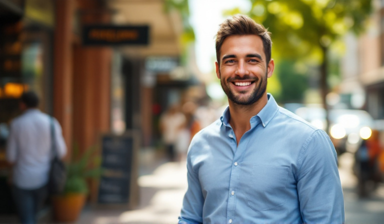 A genuinely happy customer smiling on a Melbourne street, real satisfaction is where every referral marketing system for a small business begins