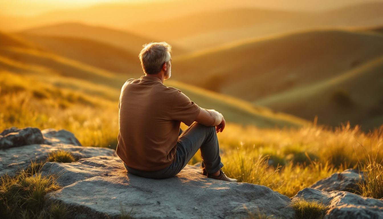 A business owner sitting quietly in nature at golden hour in restful reflection
