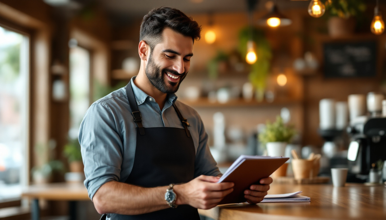 A café owner reviewing sales and profit figures on paper, one of the small business KPIs to track each month