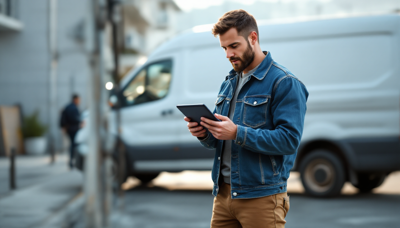 A tradesperson beside a work van checking a job-management app, small business software for Australian trades