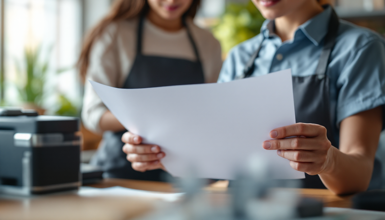 A new staff member following printed standard operating procedures at the counter, the kind a small business will actually use