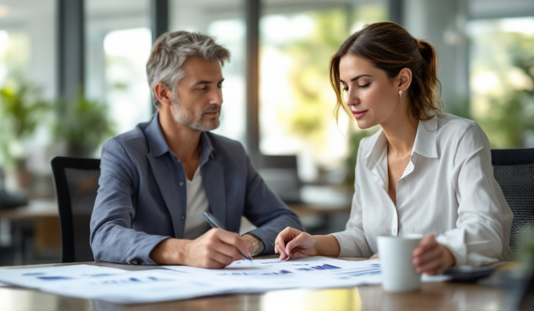 A Melbourne small business owner reviewing financial forecasts and printed charts at a desk, building a strategic plan for a small business
