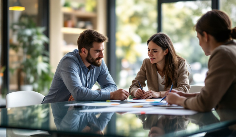 A small business owner and team in a focused quarterly planning session around a table, natural light