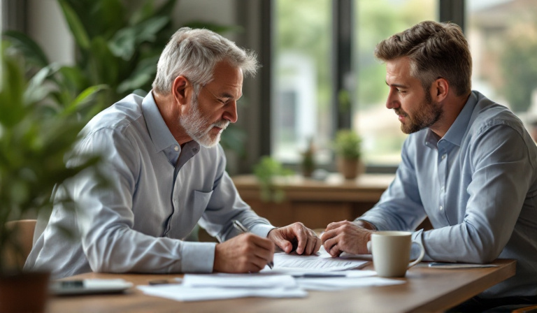 A small business owner and an advisor reviewing a written succession plan together at a table, succession planning small business Australia