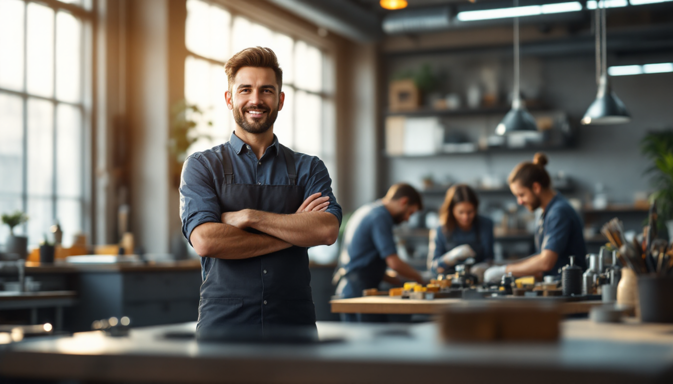 A confident small business owner watching from a distance while staff members competently handle work in the workshop