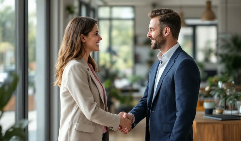 A Melbourne business owner and a happy new client shaking hands after a genuine, no-pressure conversation, turn enquiries into clients the honest way
